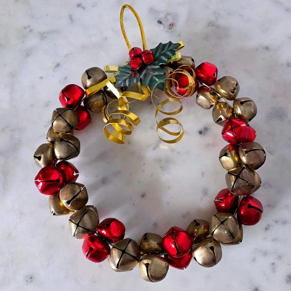 Vtg Jingle Bell Wreath Christmas Red Gold Holiday Decor Small 7
